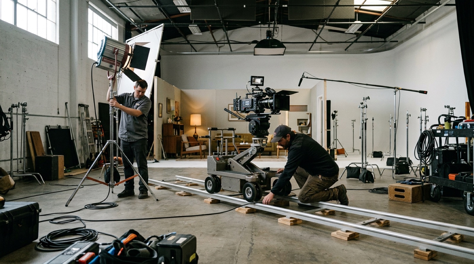 Kleine filmstudio tijdens de opbouw: lichtstatieven, camera op dolly en twee crewleden