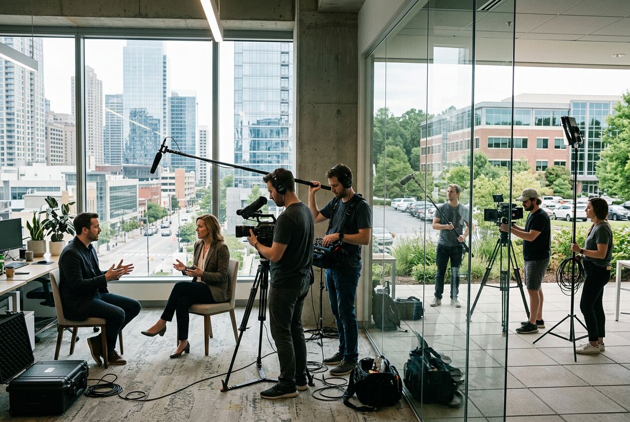 Videocrew die een interview opneemt in een modern kantoorpand met stadsgezicht op de achtergrond, naast een tweede set in een rustiger buitenwijkomgeving.